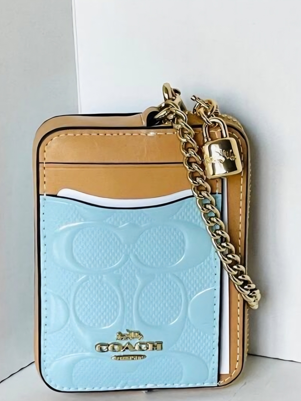 COACH Tan & Light Blue Card Case with Gold Chain and Lock